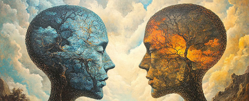 Zwei Köpfe, jeder mit einem Baum